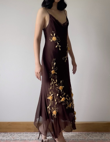Vintage A Line Spaghetti Straps Beaded 3D Floral Chiffon Party Dress Outfits HZ1023